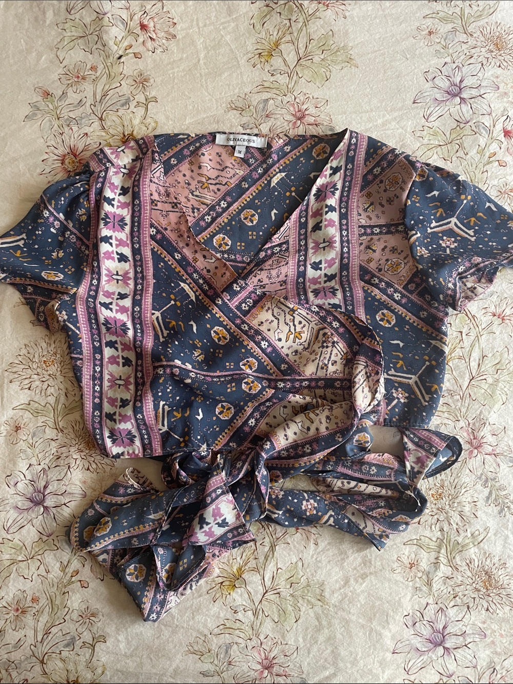 Olivaceous Navy and Pink Boho Wrap Blouse